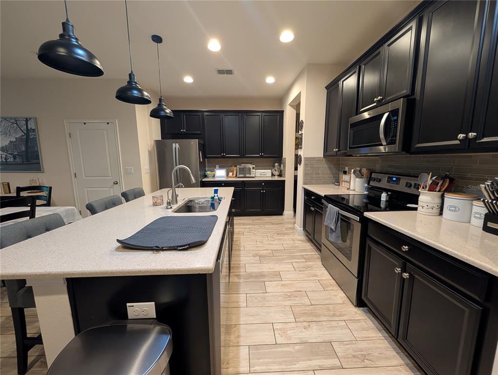 A kitchen features black cabinets, light countertops, a central island, and wood-look tile flooring — 17849 ALTHEA BLUE PLACE, LUTZ, FL