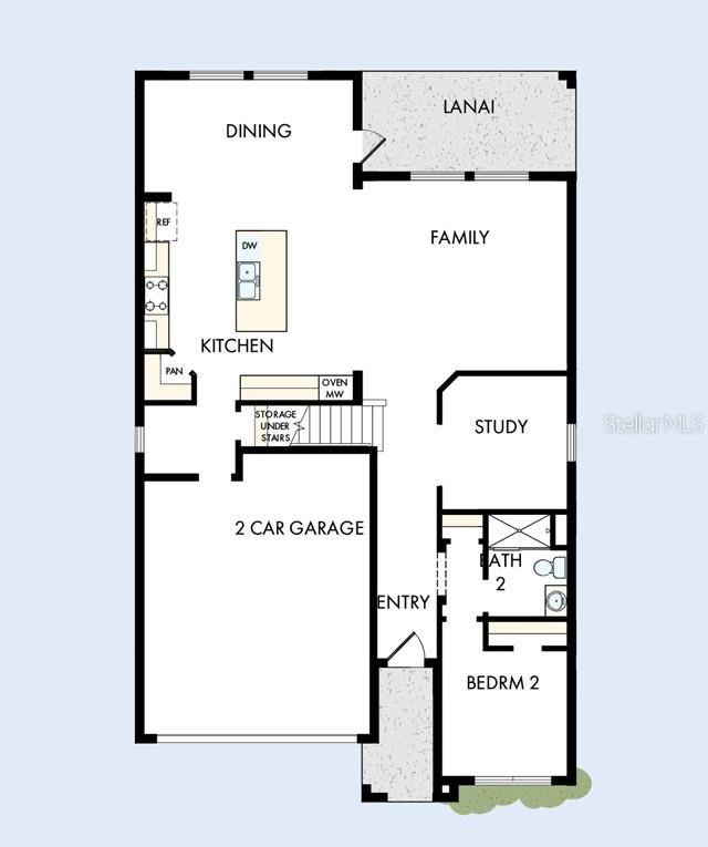 This is a floor plan of a home featuring a kitchen, family room, and garage — 2835 SOLETA VIEW, ODESSA, FL