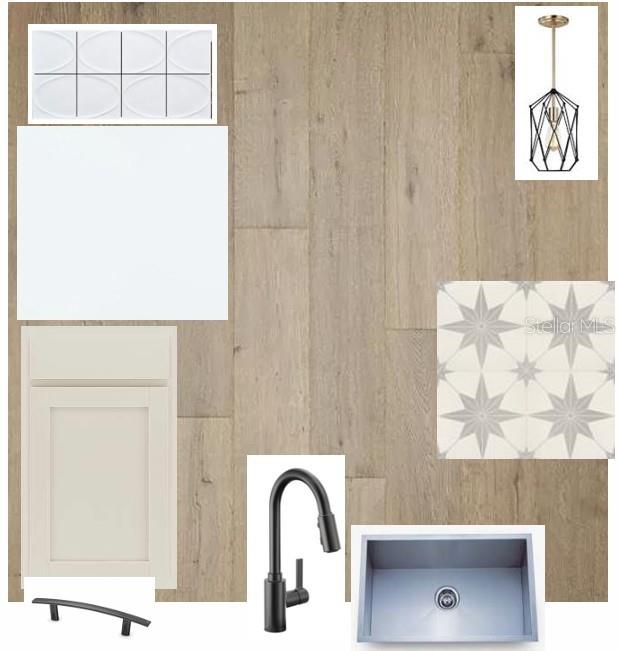 This is a digital design board featuring kitchen finishes, including cabinetry, flooring, hardware, and fixtures — 2835 SOLETA VIEW, ODESSA, FL