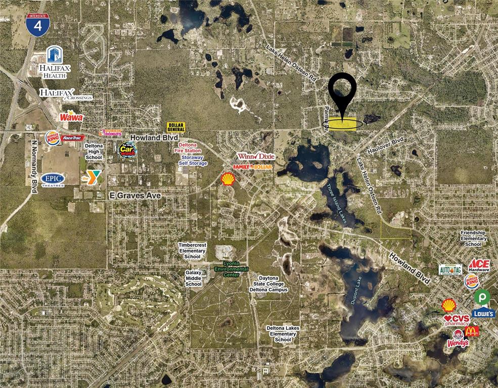 This is an aerial map showing a highlighted property location in Deltona, Florida — PARMA DRIVE, DELTONA, FL