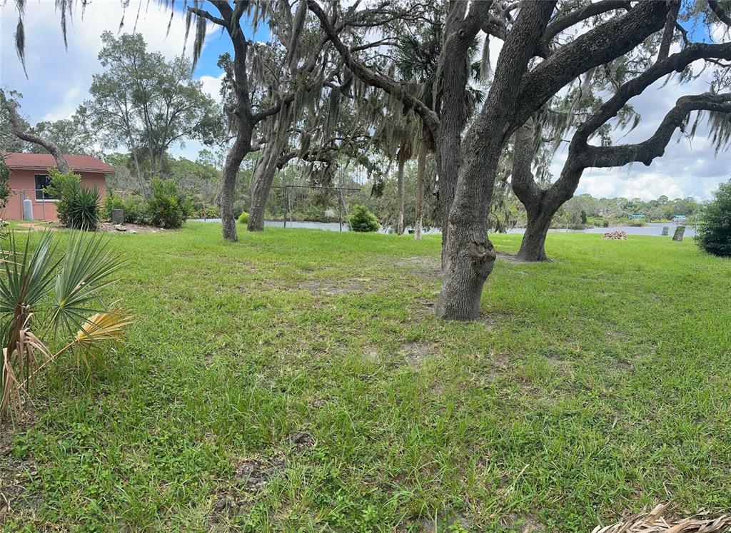 A grassy backyard features large oak trees, a swing set, and a view of water — 1238 FLOTILLA DRIVE, HOLIDAY, FL