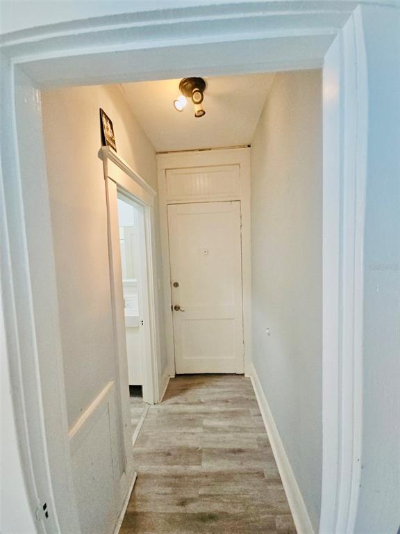 A hallway with light gray walls, wood-look flooring, and a white door at the end — 2301 N JEFFERSON STREET Apt 3, TAMPA, FL