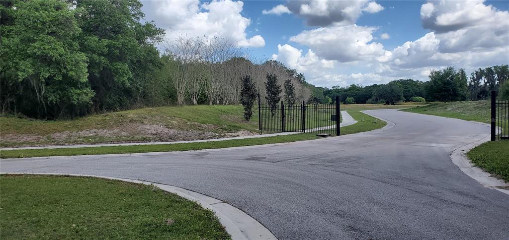 A paved road curves toward a black metal gate leading into a grassy, wooded area — 15311 FISHHAWK HEIGHTS RUN, LITHIA, FL