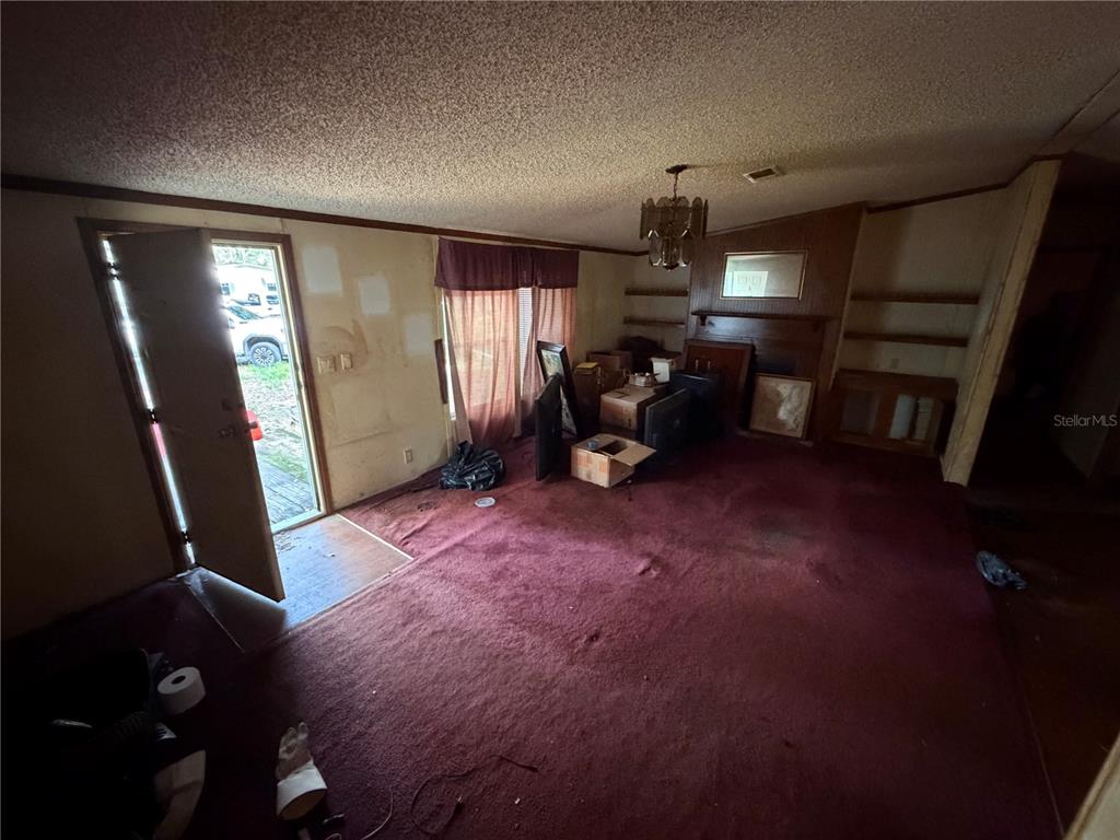 A living room with dark red carpet, wood paneling, a fireplace, and an open door — 45901 MICHIGAN ROAD, ALTOONA, FL