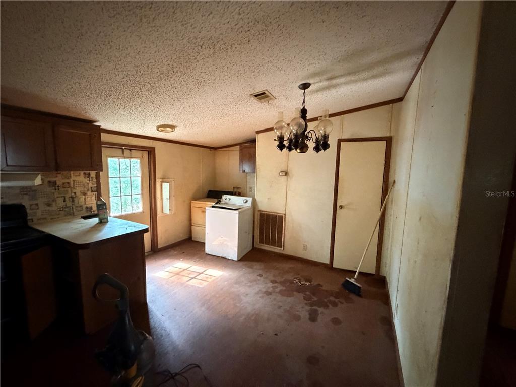 A kitchen with wood cabinets, a white washing machine, a chandelier, and a back door — 45901 MICHIGAN ROAD, ALTOONA, FL