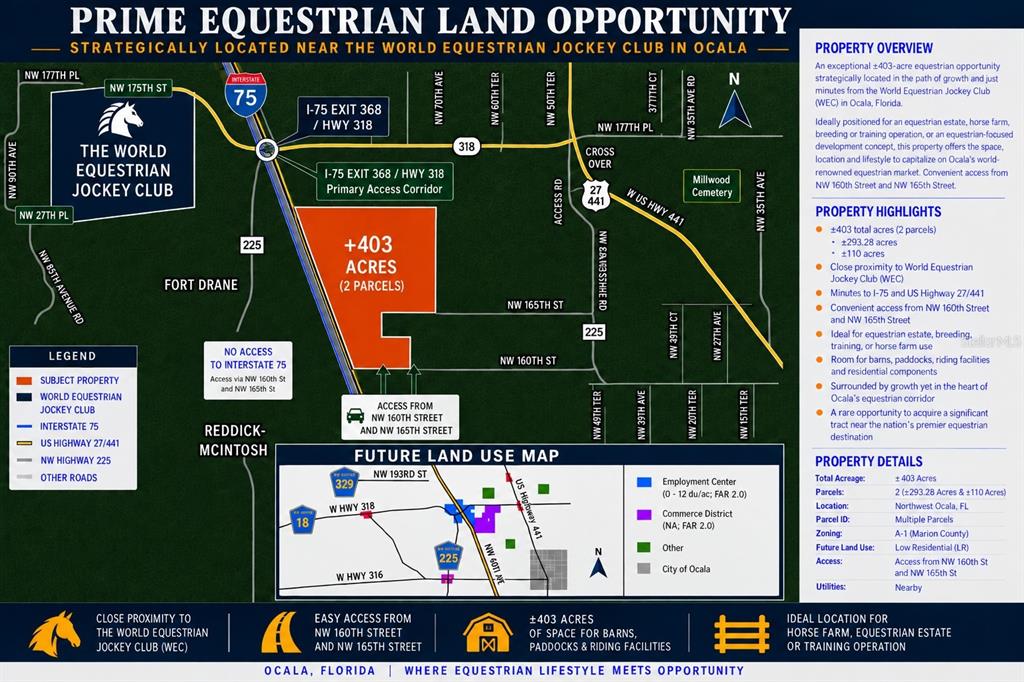 This is a real estate map showing a 403-acre development site near Ocala, Florida — 6405 NW 165TH STREET, REDDICK, FL