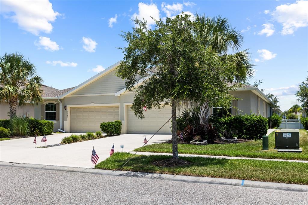 A single-story house with a two-car garage, a front lawn, and a large tree — 7727 TIMBERVIEW LOOP, WESLEY CHAPEL, FL