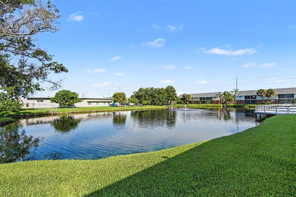 A grassy lawn overlooks a small pond with a fountain and apartment buildings in the background — 200 COUNTRYCLUB DRIVE UNIT 1205, LARGO, FL