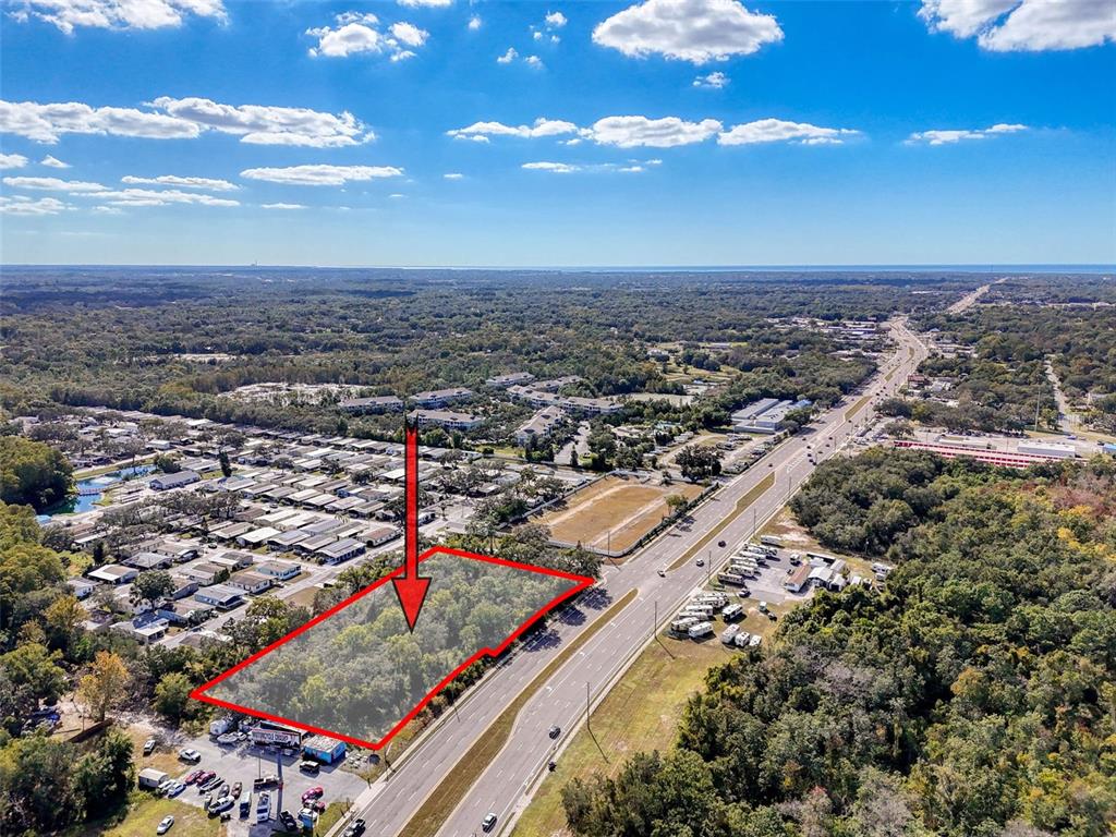 An aerial view shows a wooded, rectangular plot of land outlined in red beside a highway — 10780 STATE ROAD 52, HUDSON, FL
