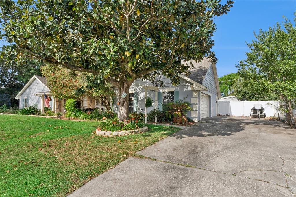A single-story house with a large tree in the front yard and a concrete driveway — 2002 FAIRWAY DRIVE, EUSTIS, FL