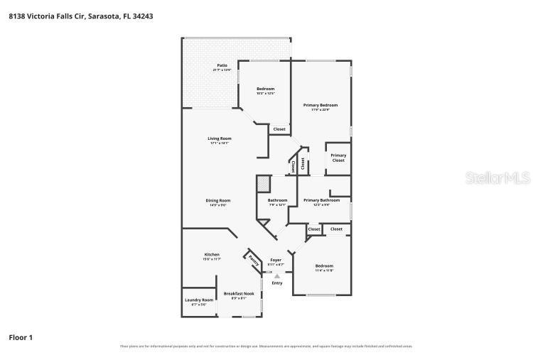 This is a floor plan for a single-story home featuring three bedrooms and a patio — 8138 VICTORIA FALLS CIRCLE, SARASOTA, FL