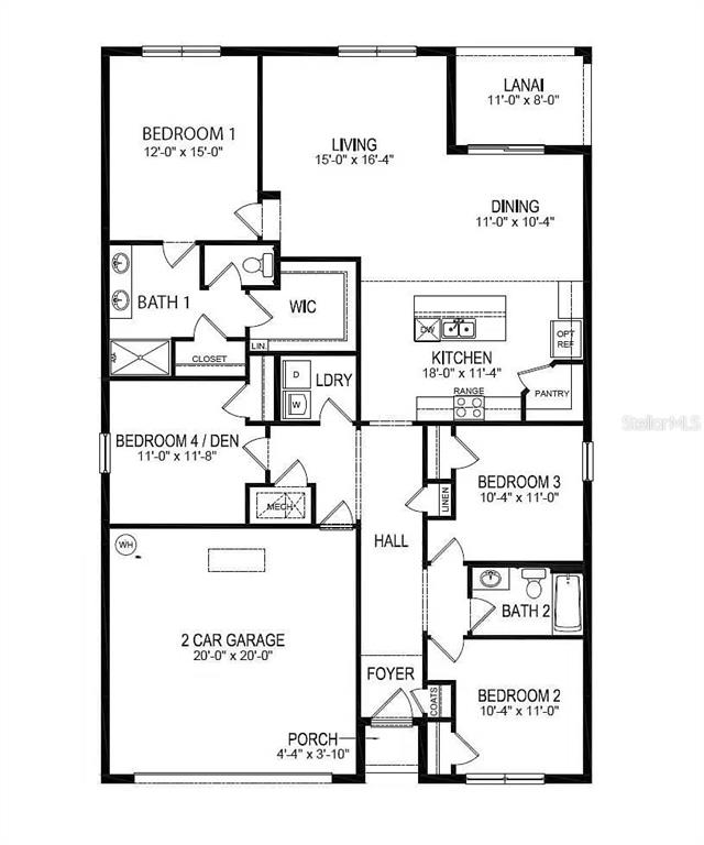 This is a floor plan for a single-story home featuring four bedrooms and a garage — 1324 MIDDLE LAKE DRIVE, ORMOND BEACH, FL