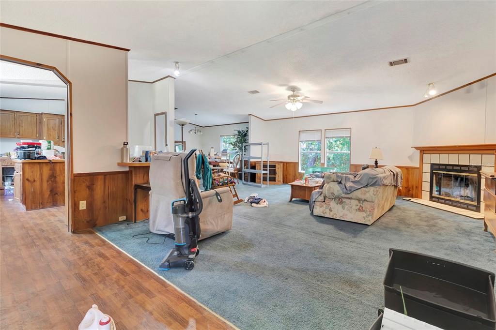 A living room with blue carpet, a fireplace, and an adjacent kitchen with wood cabinets — 110 HOLLISTER SCHOOL ROAD, PALATKA, FL