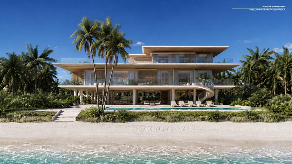 A rendering of a modern multi-story beachfront home with a pool and spiral staircase — 3301 BAY SHORE ROAD, SARASOTA, FL