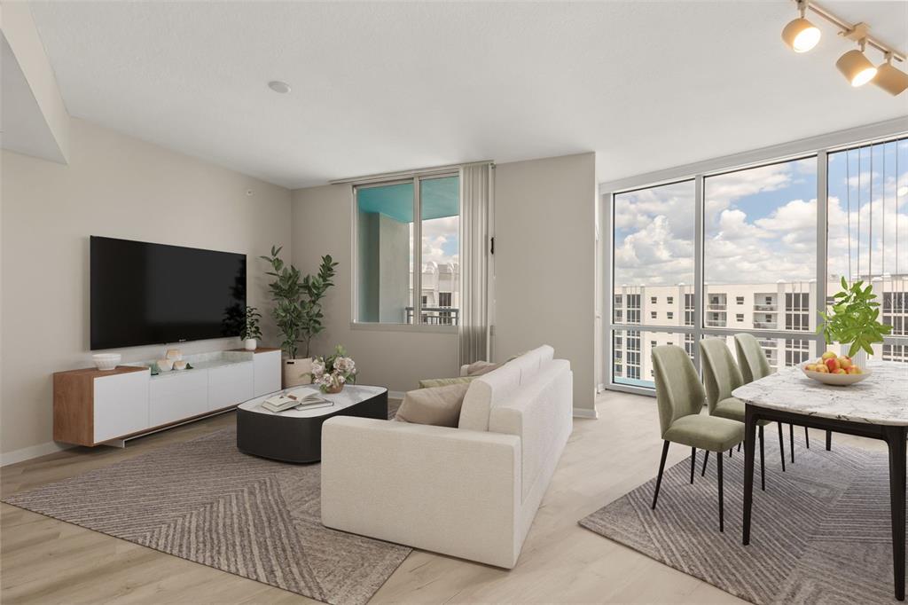 This is a digital rendering of a modern living and dining area with floor-to-ceiling windows — 322 E CENTRAL BOULEVARD UNIT 1910, ORLANDO, FL