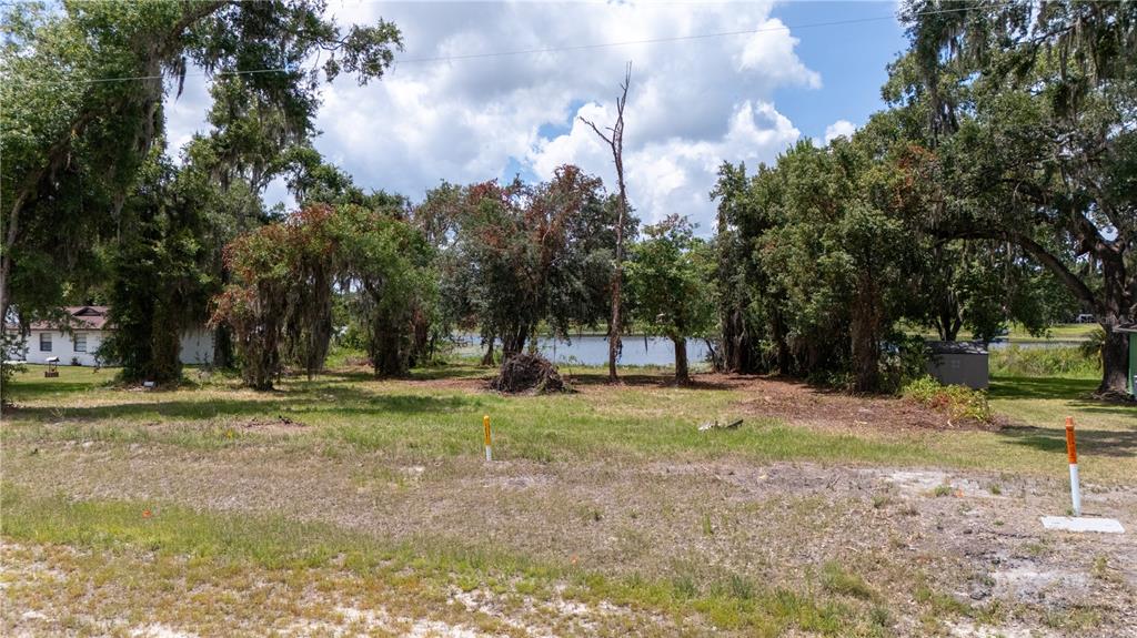 A vacant, grassy lot with mature trees overlooks a lake under a cloudy blue sky — 0 STATE ROAD 52, LAND O LAKES, FL
