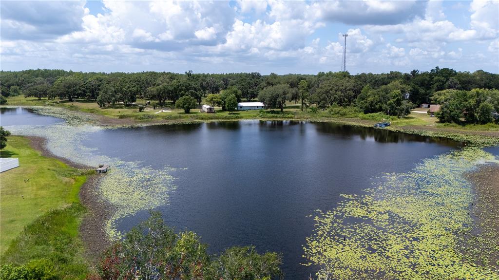An aerial view shows a pond surrounded by trees, grass, and a few small buildings — 0 STATE ROAD 52, LAND O LAKES, FL