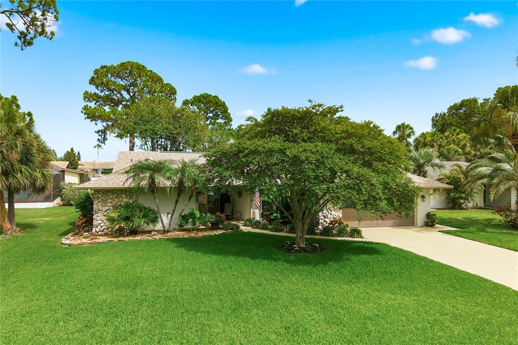 A single-story house with a stone facade, a large front tree, and a concrete driveway — 5468 NIMITZ ROAD, NEW PORT RICHEY, FL