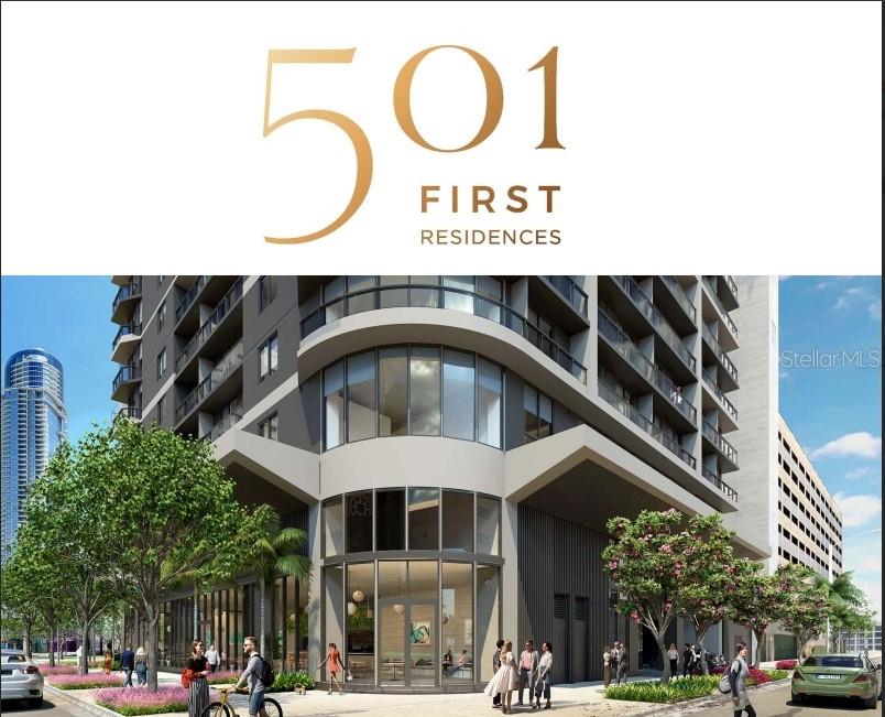 This is a digital architectural rendering of the exterior of a modern multi-story residential building — 121 NE 5TH STREET UNIT 1500, MIAMI, FL