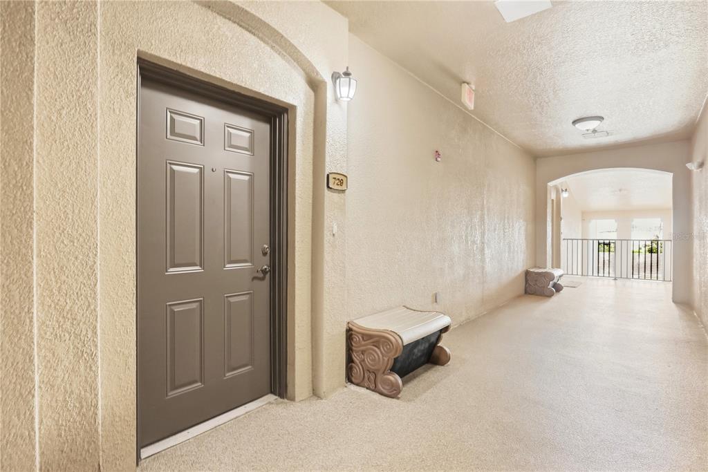 A brown apartment door with unit number 729 sits in a beige outdoor hallway — 8168 BOAT HOOK LOOP UNIT 302, WINDERMERE, FL