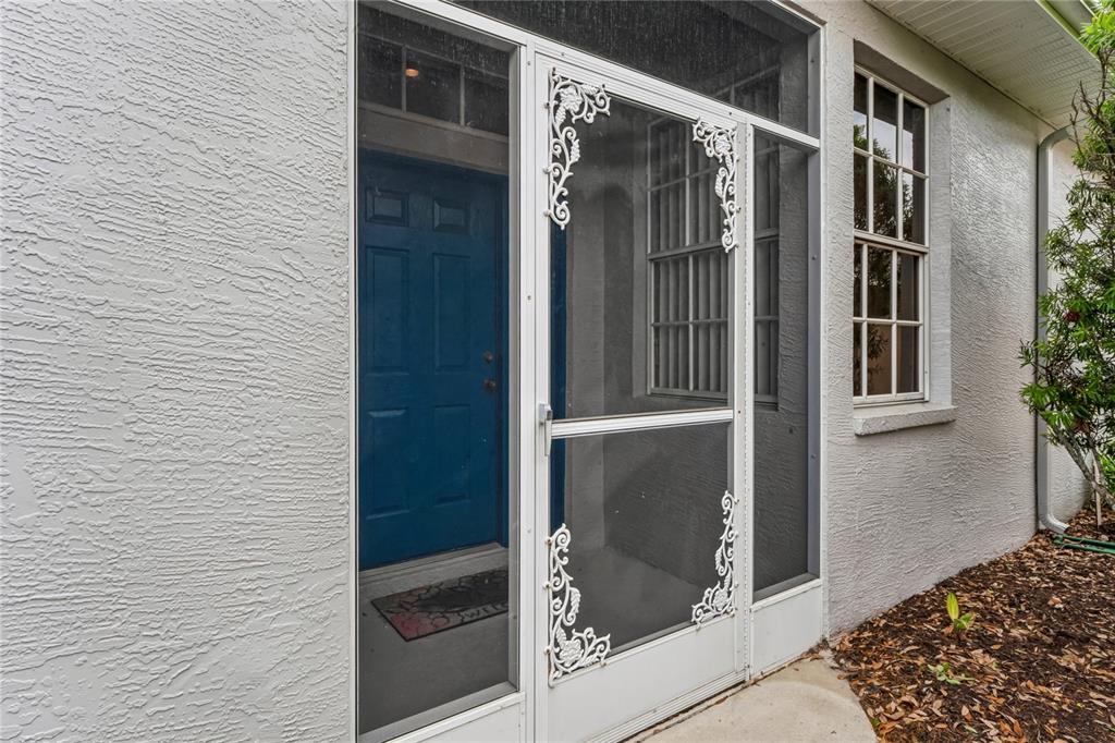 A blue front door is visible behind a white decorative screen door on a patio — 14466 TAMARIND LOOP, SPRING HILL, FL