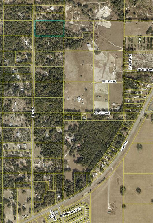 This is an aerial map showing a rectangular property highlighted in teal among surrounding lots — 5-Acre CR 543A, SUMTERVILLE, FL
