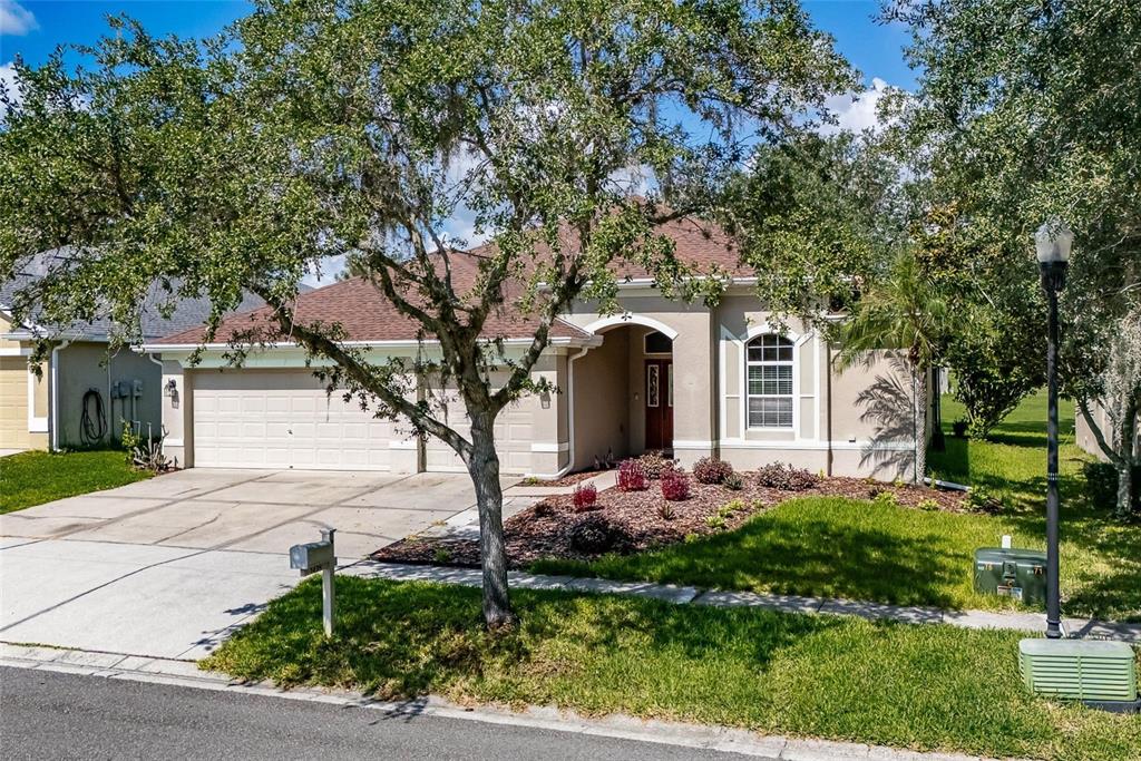 A single-story suburban house with a two-car garage and a front yard with a tree — 1438 EMERALD HILL WAY, VALRICO, FL