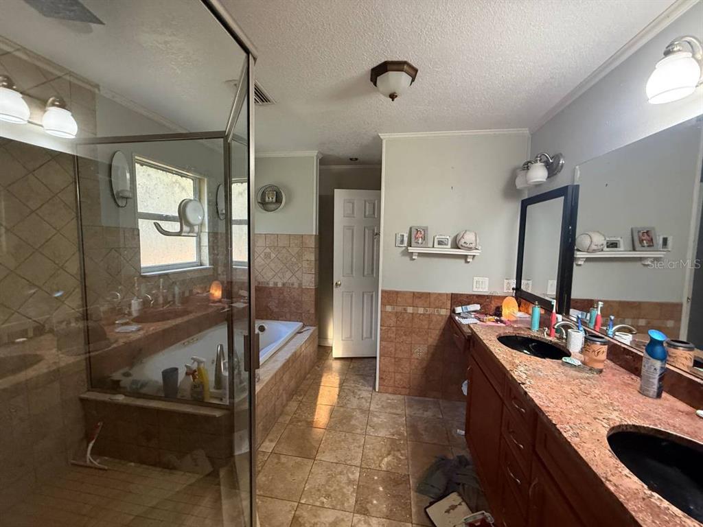 A bathroom features a glass-enclosed shower, a soaking tub, and a double-sink granite vanity — 101 WALKER DRIVE, INTERLACHEN, FL
