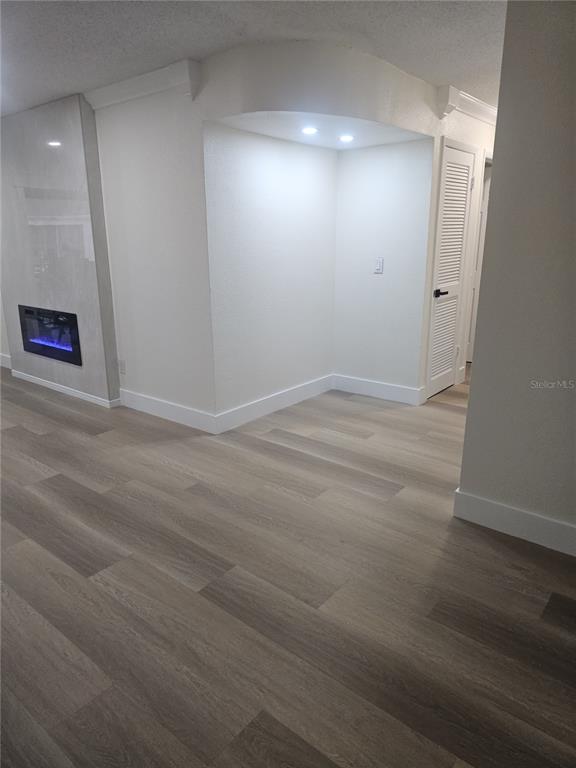 A room with light wood-look flooring, a fireplace, and a recessed alcove with ceiling lights — 7210 N MANHATTAN AVENUE UNIT 1724, TAMPA, FL