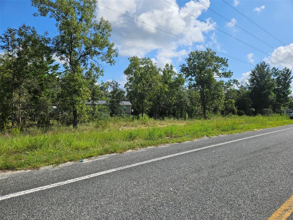 A paved road runs alongside a grassy, wooded lot with a house visible in the background — 0000 NE 60TH STREET, BRONSON, FL