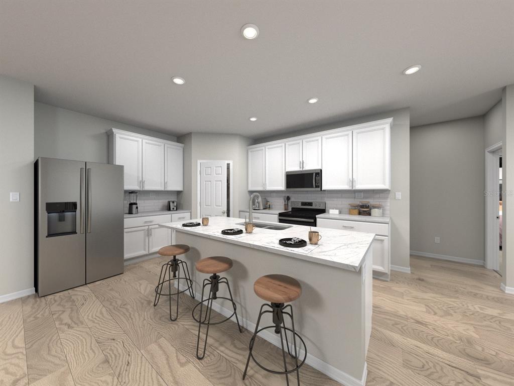 This is a digital rendering of a modern kitchen with white cabinets and a marble-topped island — 405 BROOKHAVEN TRAIL, ORMOND BEACH, FL