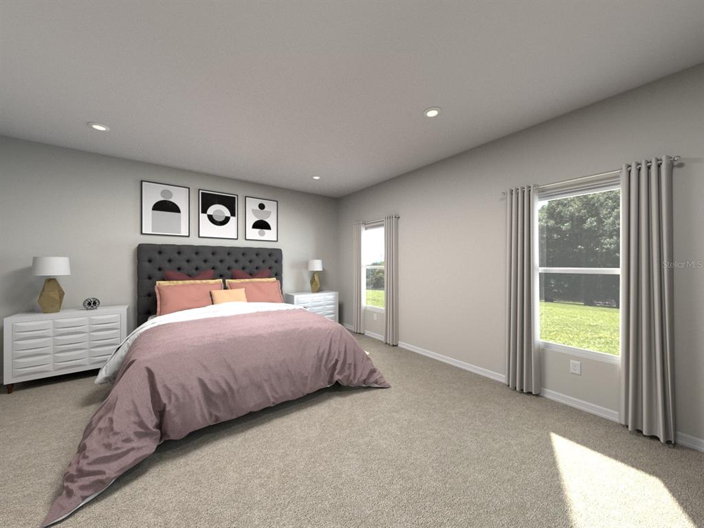 This is a digital rendering of a bedroom featuring a bed, two dressers, and windows — 405 BROOKHAVEN TRAIL, ORMOND BEACH, FL
