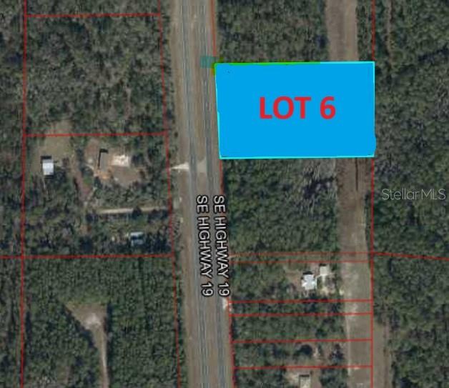 An aerial map view shows a rectangular plot of land labeled Lot 6 along a highway — TBD US 19, INGLIS, FL