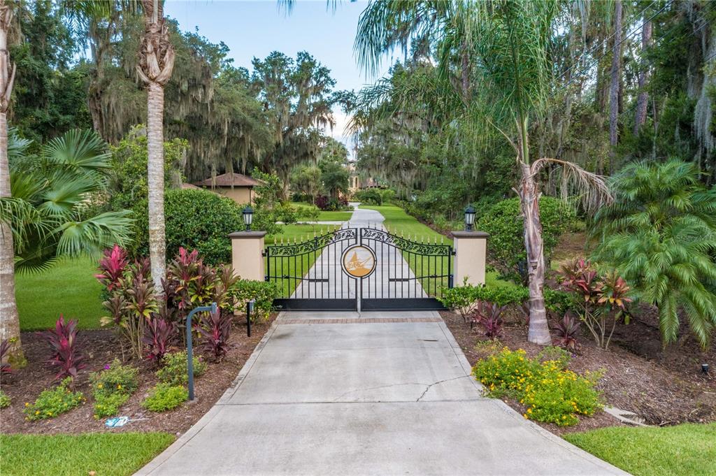 A gated driveway leads to a lush, tree-lined property with a large, landscaped front lawn — 8289 COLEE COVE ROAD, ST AUGUSTINE, FL