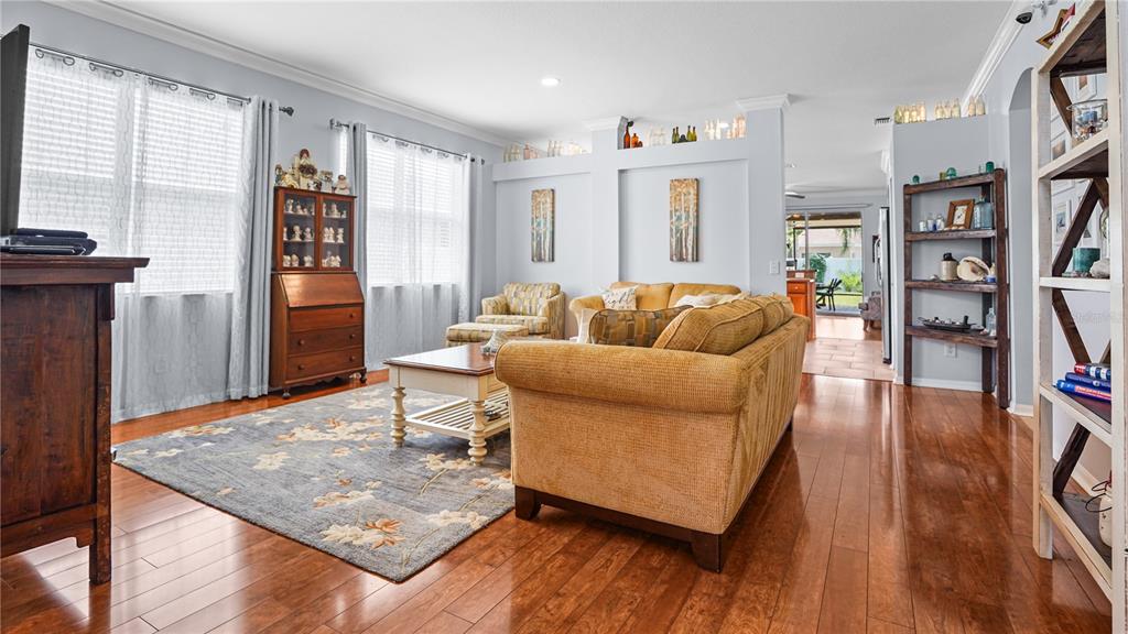 A living room features hardwood floors, a yellow sofa, a patterned rug, and built-in shelving — 19420 SUNSET BAY DRIVE, LAND O LAKES, FL