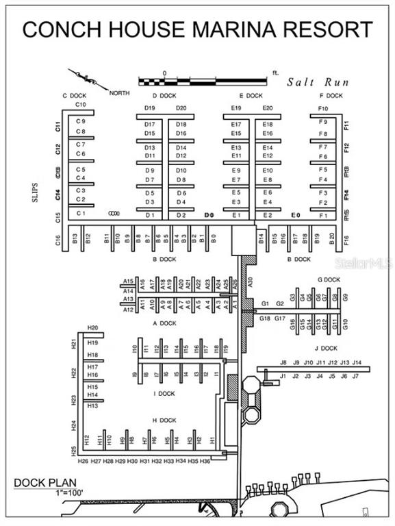This is a map showing the dock plan for the Conch House Marina Resort — 57 COMARES AVENUE UNIT D-4, ST AUGUSTINE, FL