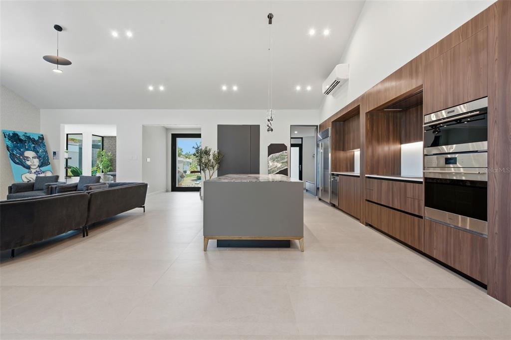 A modern living room features a vaulted ceiling, a wall-mounted television, and dark sectional seating — 241 CAMINO DEL JAGUEY, DORADO, PR