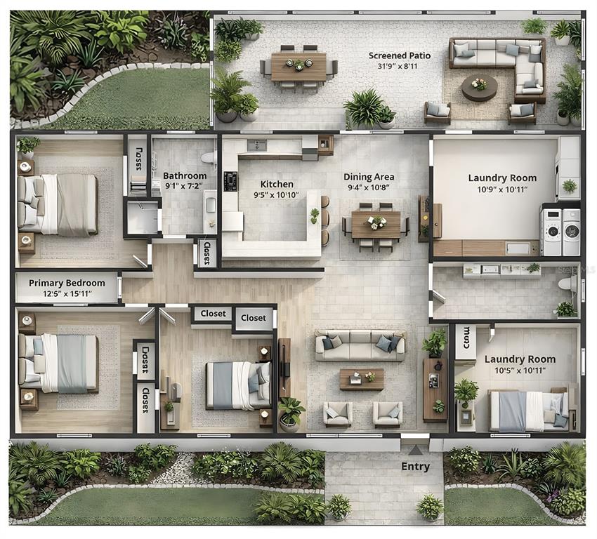 This floor plan rendering shows a house layout with three bedrooms, a kitchen, and patios — 321 ARIES DRIVE, ORANGE PARK, FL