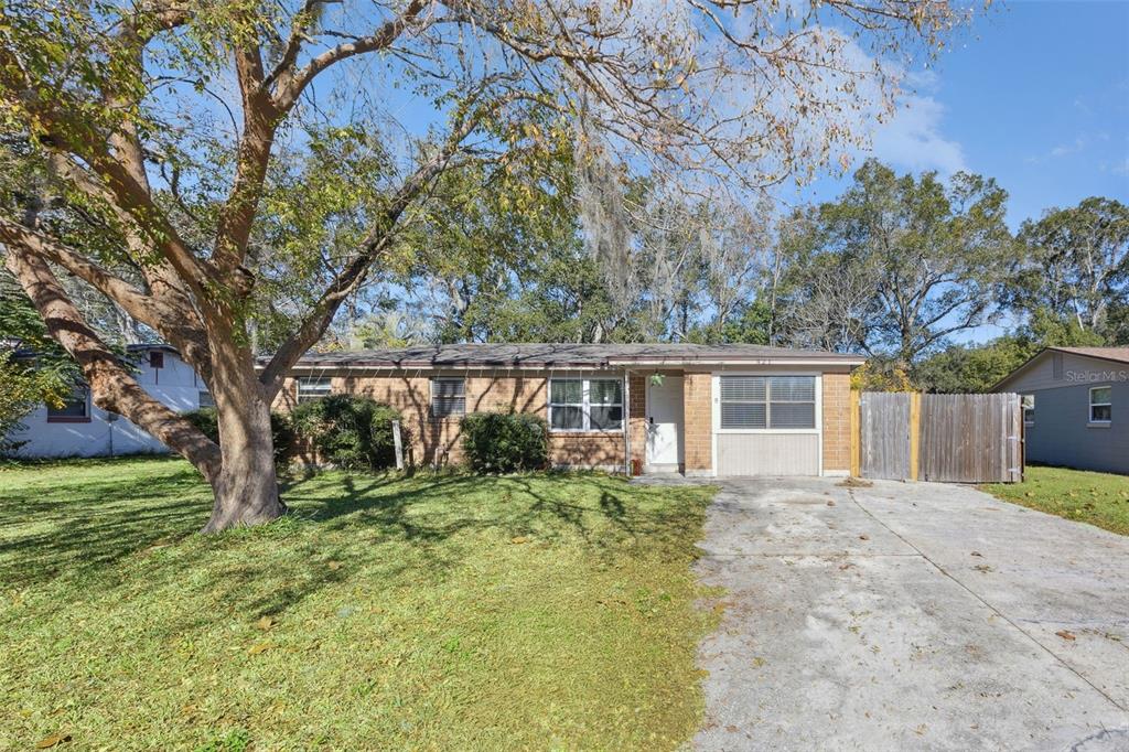 A single-story brick house with a concrete driveway and a large tree in the yard — 321 ARIES DRIVE, ORANGE PARK, FL