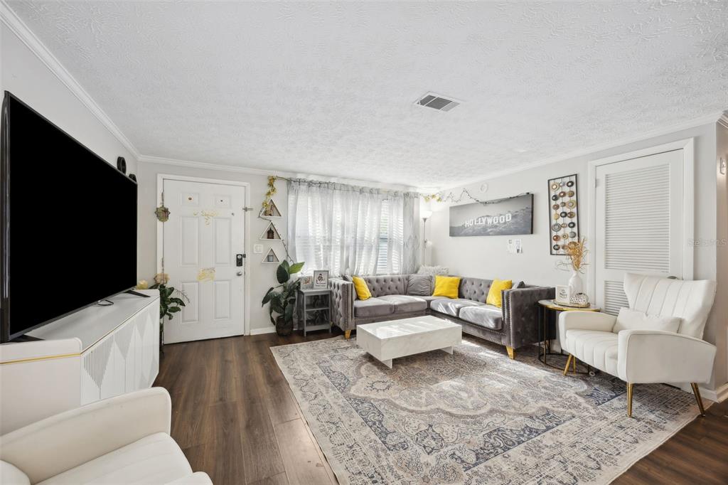 A living room features a large television, a grey sectional sofa, and a white armchair — 321 ARIES DRIVE, ORANGE PARK, FL