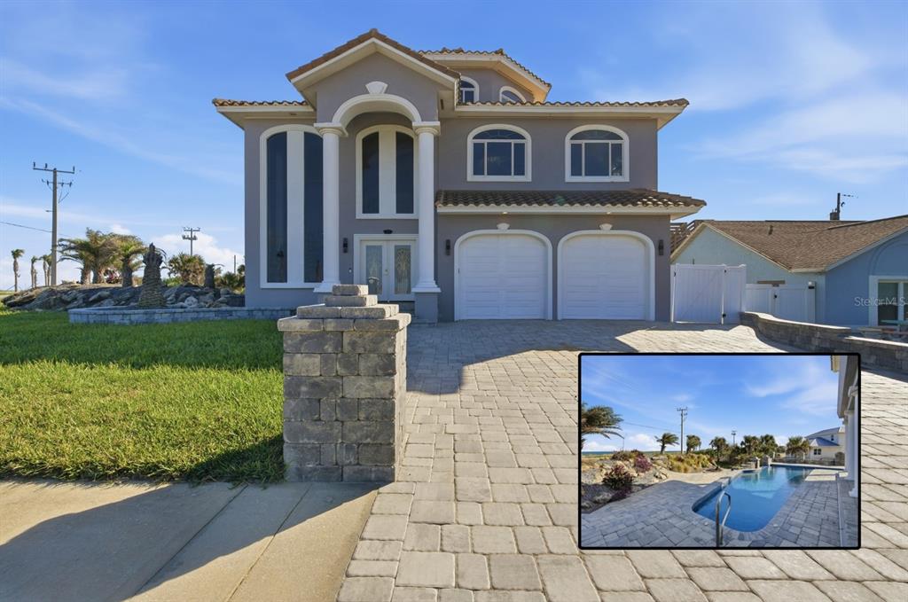 A two-story house with a paved driveway and an inset photo showing a backyard pool — 100 SANDPIPER RIDGE DRIVE, ORMOND BEACH, FL