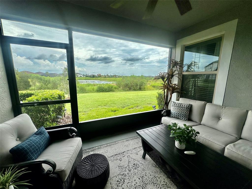 A screened-in patio features outdoor furniture, a rug, and a view of a grassy field — 10442 ECHO DOCK LOOP, SAN ANTONIO, FL
