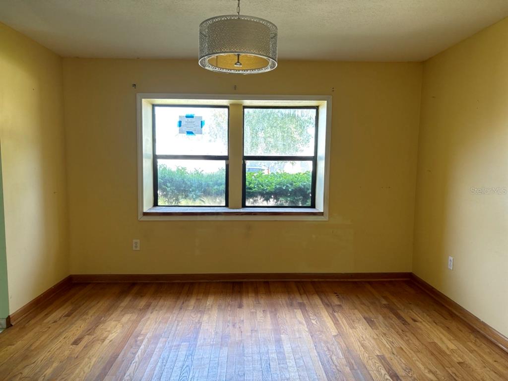 An empty room with yellow walls, hardwood floors, a window, and a drum pendant light — 4604 RIDGE POINT, TAMPA, FL
