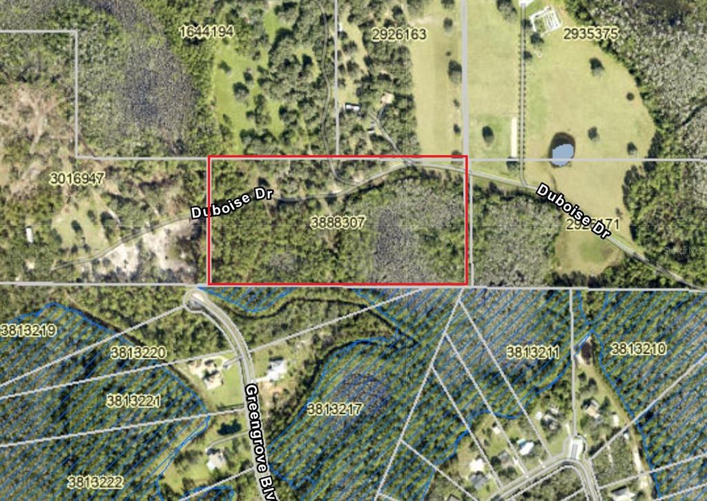 This is an aerial map showing a rectangular plot of land outlined in red — DUBOISE DRIVE, CLERMONT, FL