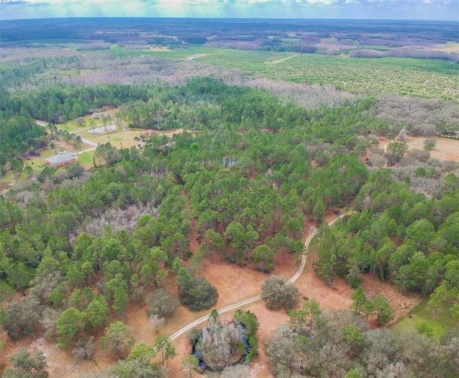 An aerial view shows a dirt road winding through a wooded lot with scattered trees — DUBOISE DRIVE, CLERMONT, FL