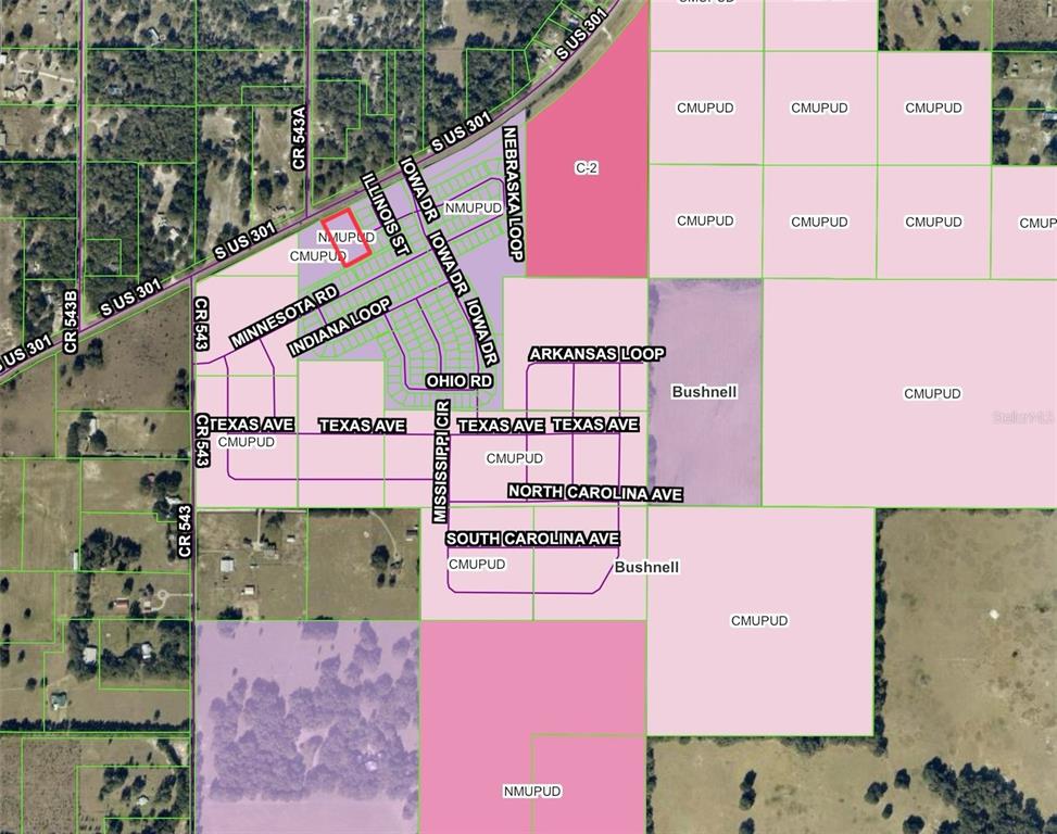This is a map showing land zoning designations and street layouts in a residential area — 1891 S US 301, SUMTERVILLE, FL