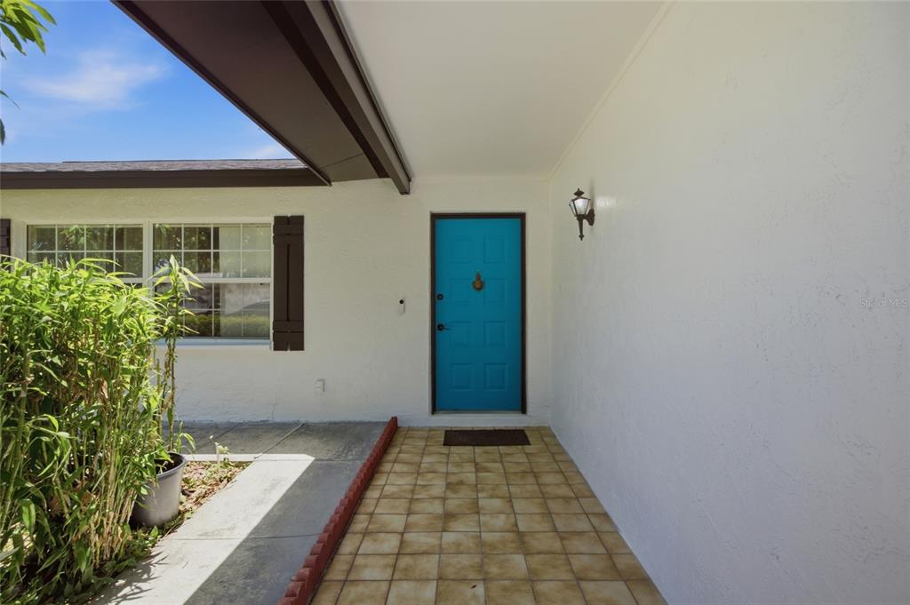 A bright blue front door sits on a tiled porch next to a white wall — 13510 CAPITOL DRIVE, TAMPA, FL