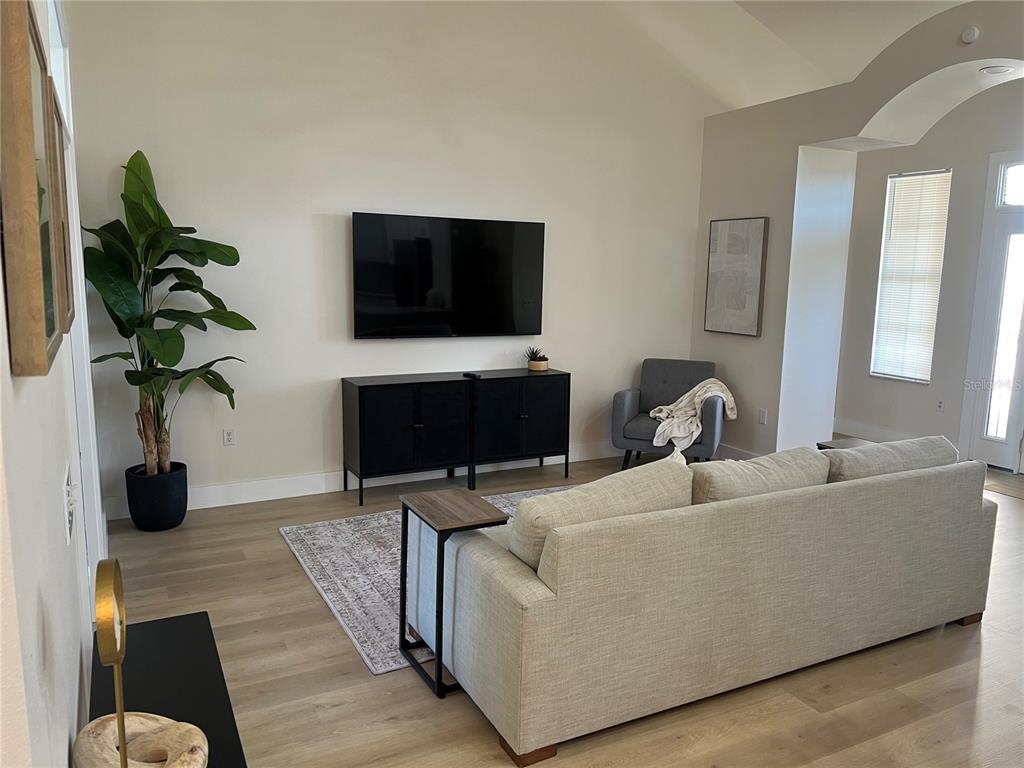 A living room features a wall-mounted television, a black console, a sofa, and a plant — 37015 WALDO DRIVE, DADE CITY, FL
