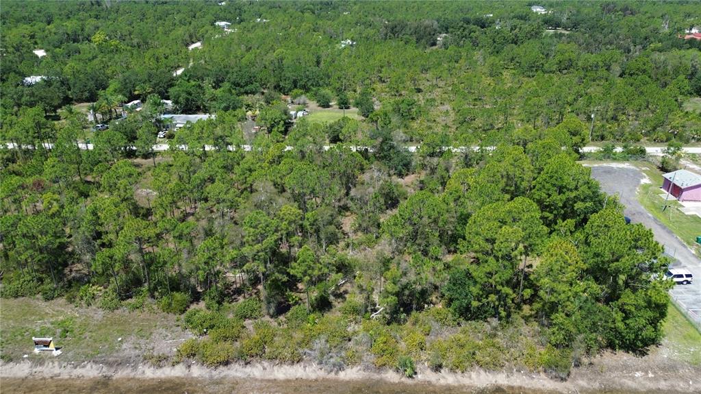 An aerial view shows a wooded, undeveloped lot bordering a body of water — 12209 12215 12219 12225 TAMIAMI TRAIL, PUNTA GORDA, FL