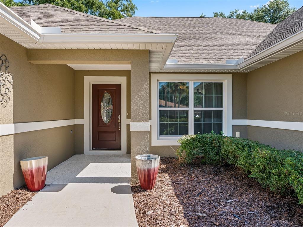 The exterior of a house features a brown front door, a window, and two planters — 5331 GROVE MANOR, LADY LAKE, FL